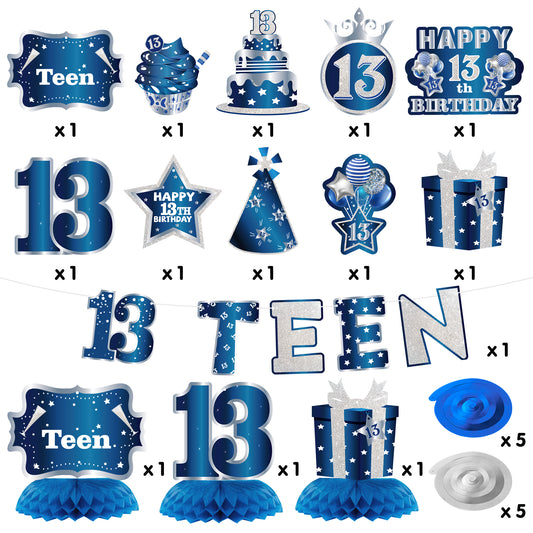 BHronony 13th Birthday Decorations for Girls Boys, Happy 13 Years Old Bday Banner Decor, 13 Birthday Party Hanging Swirls Honeycomb Centerpiece Decoration Supplies for Teens Teenager (Navy Blue)