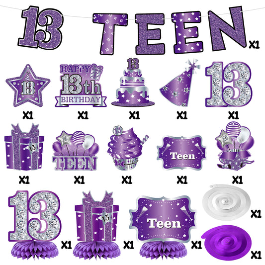 BHronony 13th Birthday Decorations for Girls Boys, Happy 13 Years Old Bday Banner Decor, 13 Birthday Party Hanging Swirls Honeycomb Centerpiece Decor Supplies for Teens Teenager ( Purple Sliver )