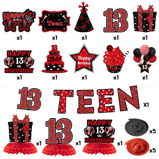 BHronony 13th Birthday Decorations for Girls Boys, Happy 13 Years Old Bday Banner Decor, 13 Birthday Party Hanging Swirls Honeycomb Centerpiece Decoration Supplies for Teens Teenager ( Red Black )