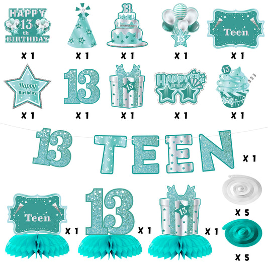 BHronony 13th Birthday Decorations for Girls Boys, Happy 13 Years Old Bday Banner Decor, 13 Birthday Party Hanging Swirls Honeycomb Centerpiece Decor Supplies for Teens Teenager ( Teal Silver )