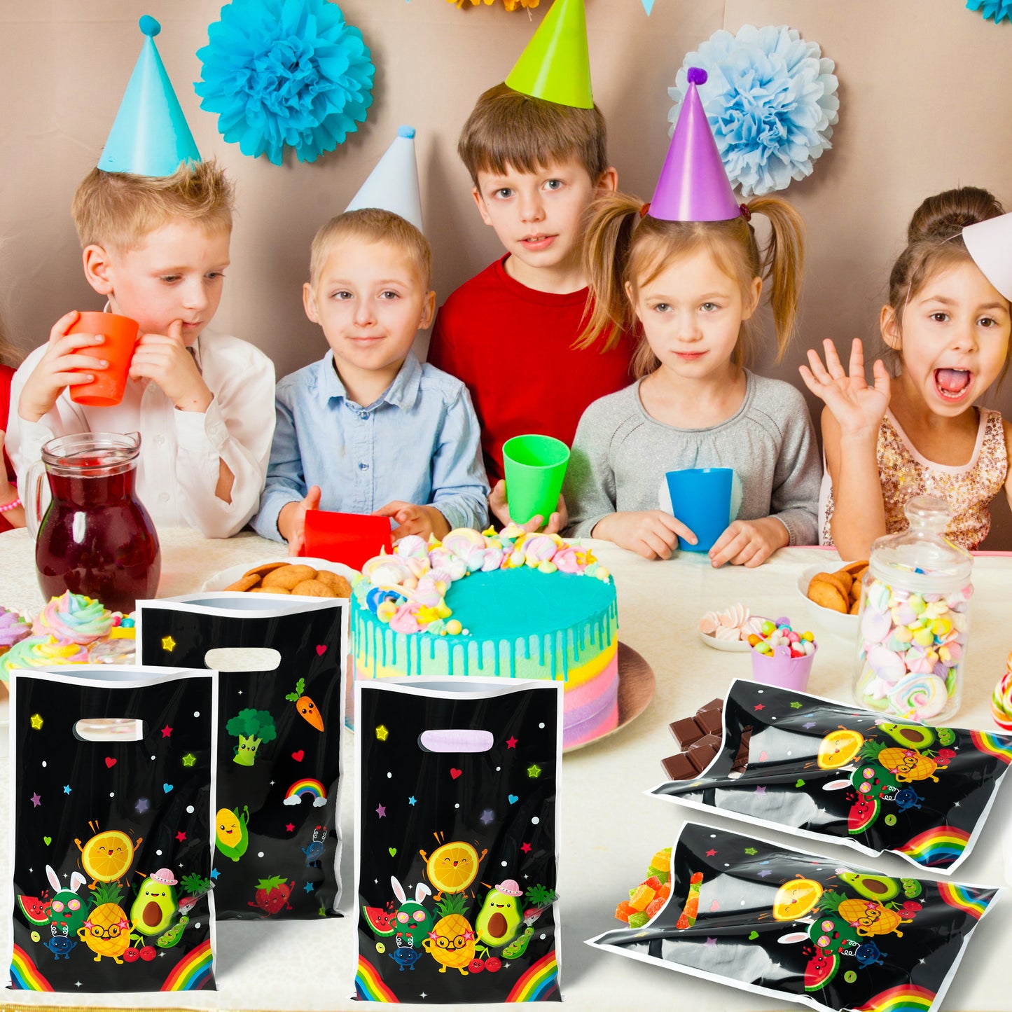 BHronony Fruit Party Birthday Bags - 50pcs Summer Fruits Party Favor Goodie Bag, Tropical Watermelon Strawberry Pineapple Gift Bags for Kid Girl Teen Birthday Dancing Luau Holiday Decorations Supplies