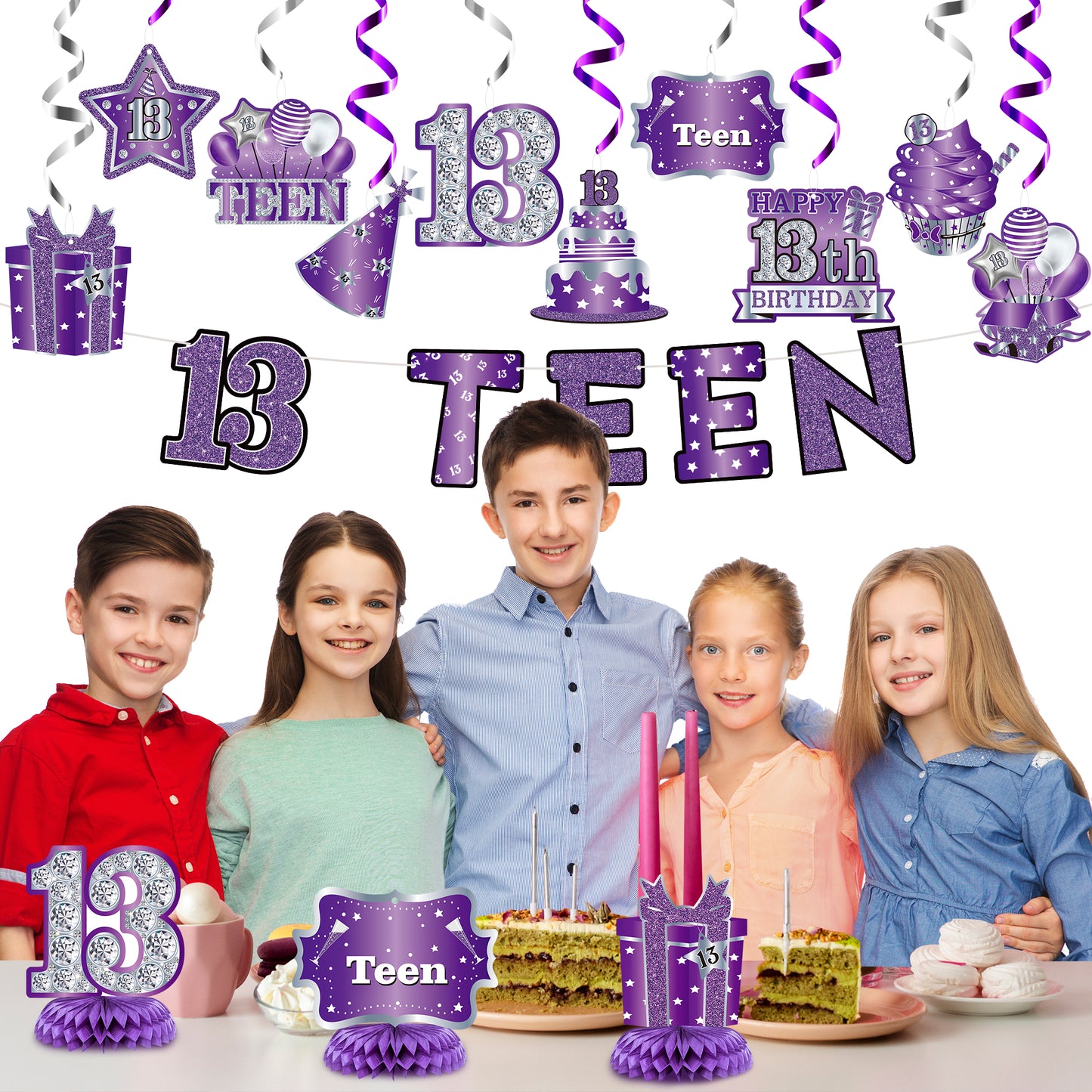 BHronony 13th Birthday Decorations for Girls Boys, Happy 13 Years Old Bday Banner Decor, 13 Birthday Party Hanging Swirls Honeycomb Centerpiece Decor Supplies for Teens Teenager ( Purple Sliver )