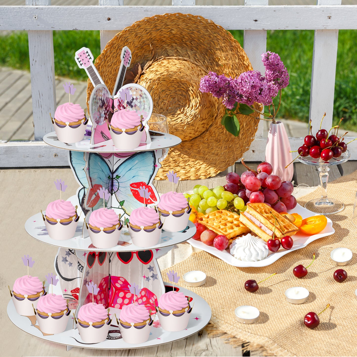 BHronony Music Cupcake Stand Decorations - 3 Tier Popular Musical Party Tiered Stand, Music Theme Paper Cupcake Tower Cactus Disco Dessert Holder for Birthday Bar Bachelorette Party Display Supplies