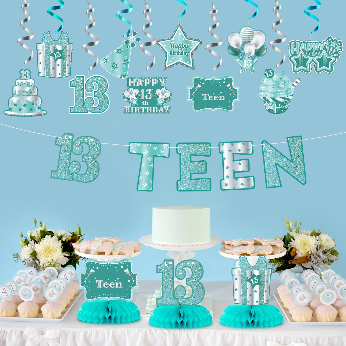 BHronony 13th Birthday Decorations for Girls Boys, Happy 13 Years Old Bday Banner Decor, 13 Birthday Party Hanging Swirls Honeycomb Centerpiece Decor Supplies for Teens Teenager ( Teal Silver )