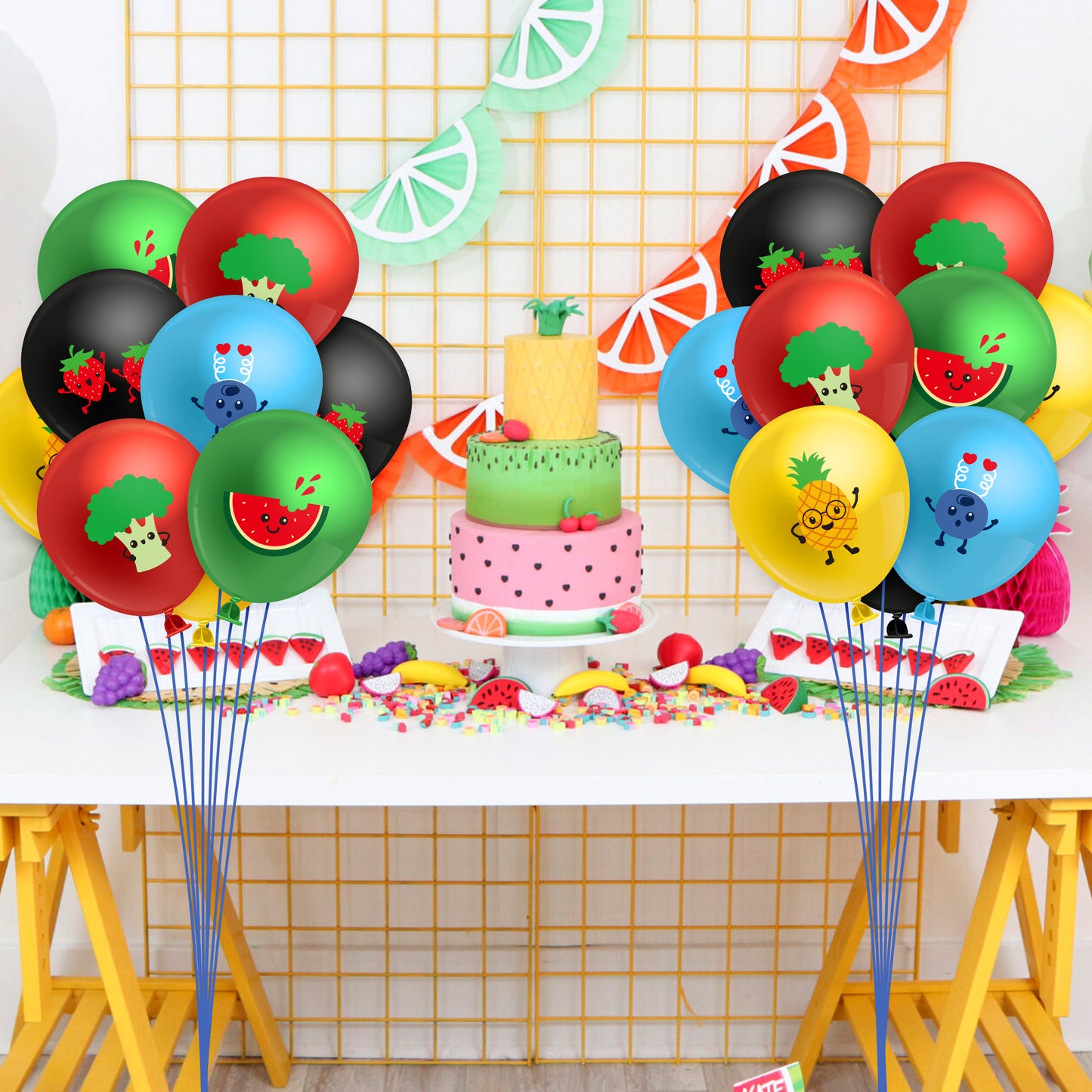 BHronony Fruit Balloons Party Decorations - 50pcs Summer Fruit Themed Latex Balloon Arch, Tropical Watermelon Strawberry Pineapple Balloon Bulk for Birthday Dancing Luau Party Favor Supplies (12 inch)