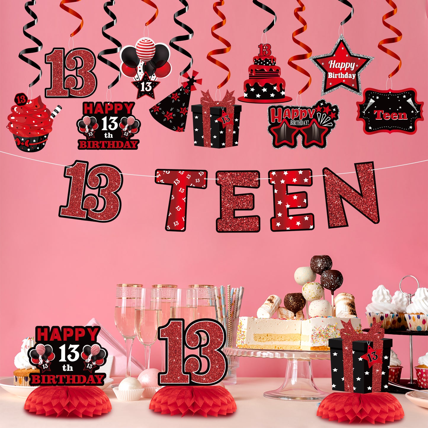 BHronony 13th Birthday Decorations for Girls Boys, Happy 13 Years Old Bday Banner Decor, 13 Birthday Party Hanging Swirls Honeycomb Centerpiece Decoration Supplies for Teens Teenager ( Red Black )