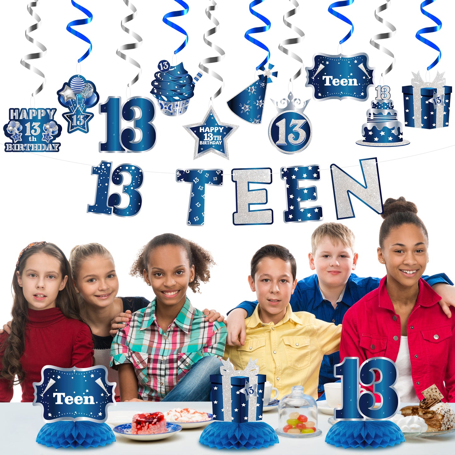 BHronony 13th Birthday Decorations for Girls Boys, Happy 13 Years Old Bday Banner Decor, 13 Birthday Party Hanging Swirls Honeycomb Centerpiece Decoration Supplies for Teens Teenager (Navy Blue)