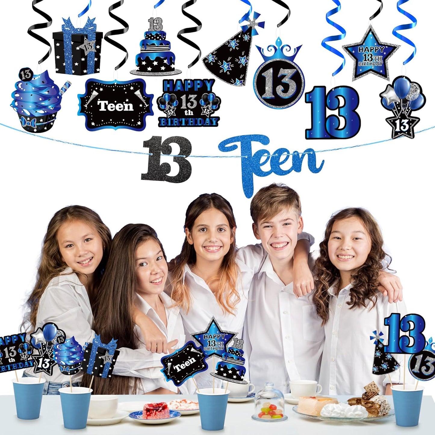 42PCS Happy 13th Birthday Decorations for Boys Girls, Blue Black 13 Year Old Birthday Party Banner Decoration, Teen Bday Glitter Hanging Swirls Cake Topper Centerpieces Photo Backdrop Decor Supplies