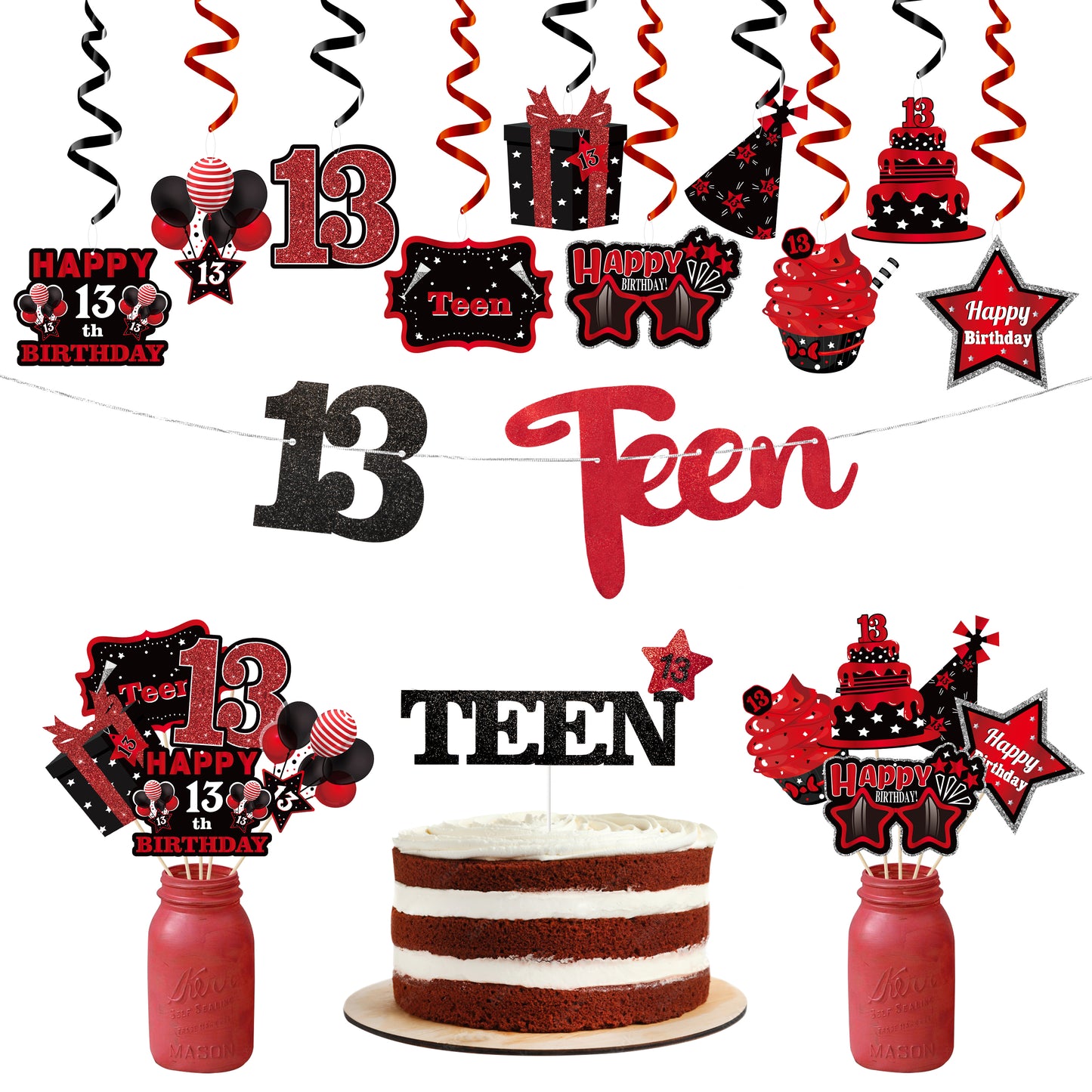 BHronony 13th Birthday Decorations for Boys Girls, 42pcs Happy 13 Years Old Birthday Cake Topper Hanging Banner Decor, Table Centerpiece Decoration for 13 Teen Teenager Bday Party ( Red Black )