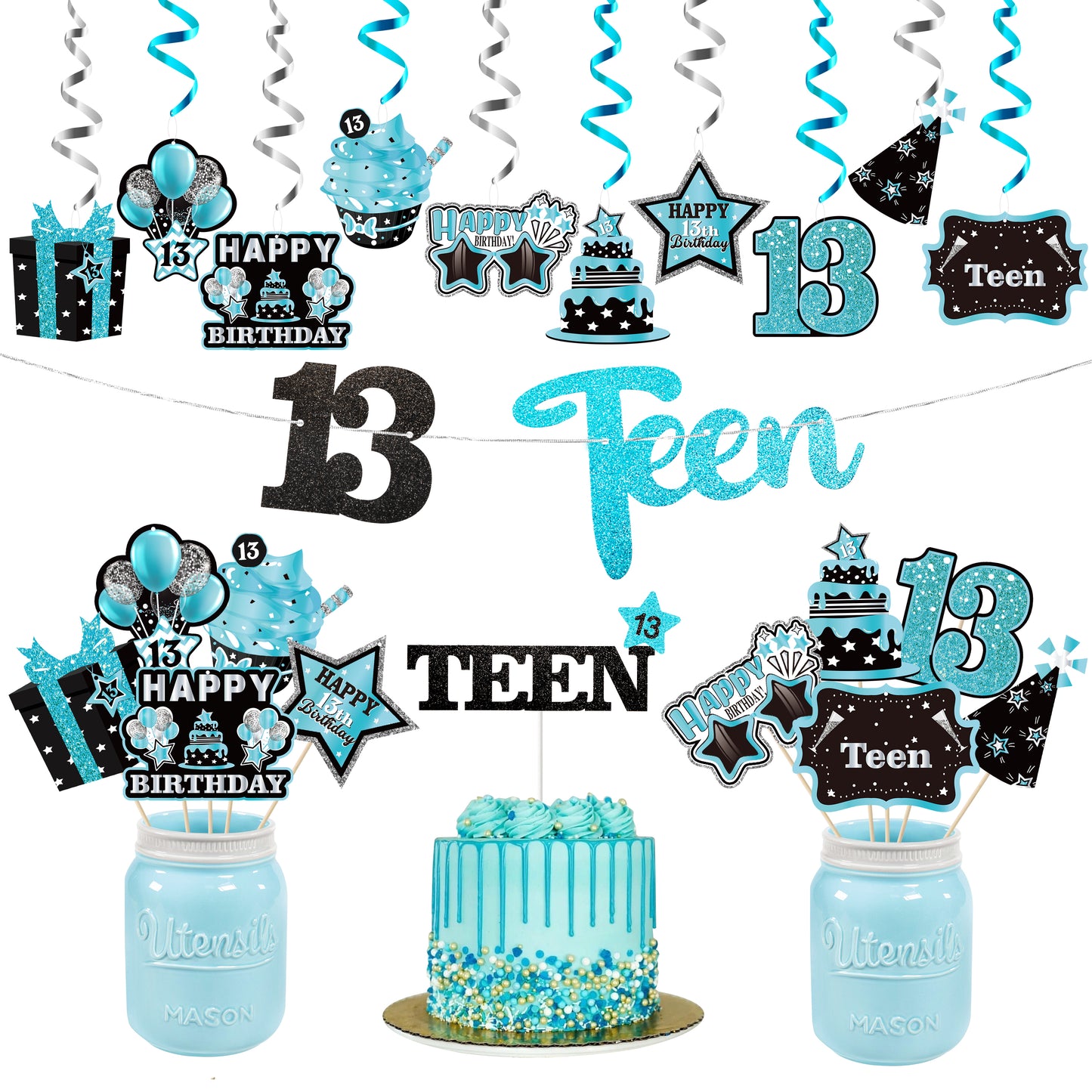 BHronony 13th Birthday Decorations for Boys Girls, 42pcs Happy 13 Years Old Birthday Cake Topper Hanging Banner Decor, Table Centerpiece for 13 Teen Teenager Bday Party ( Teal Silver Black )