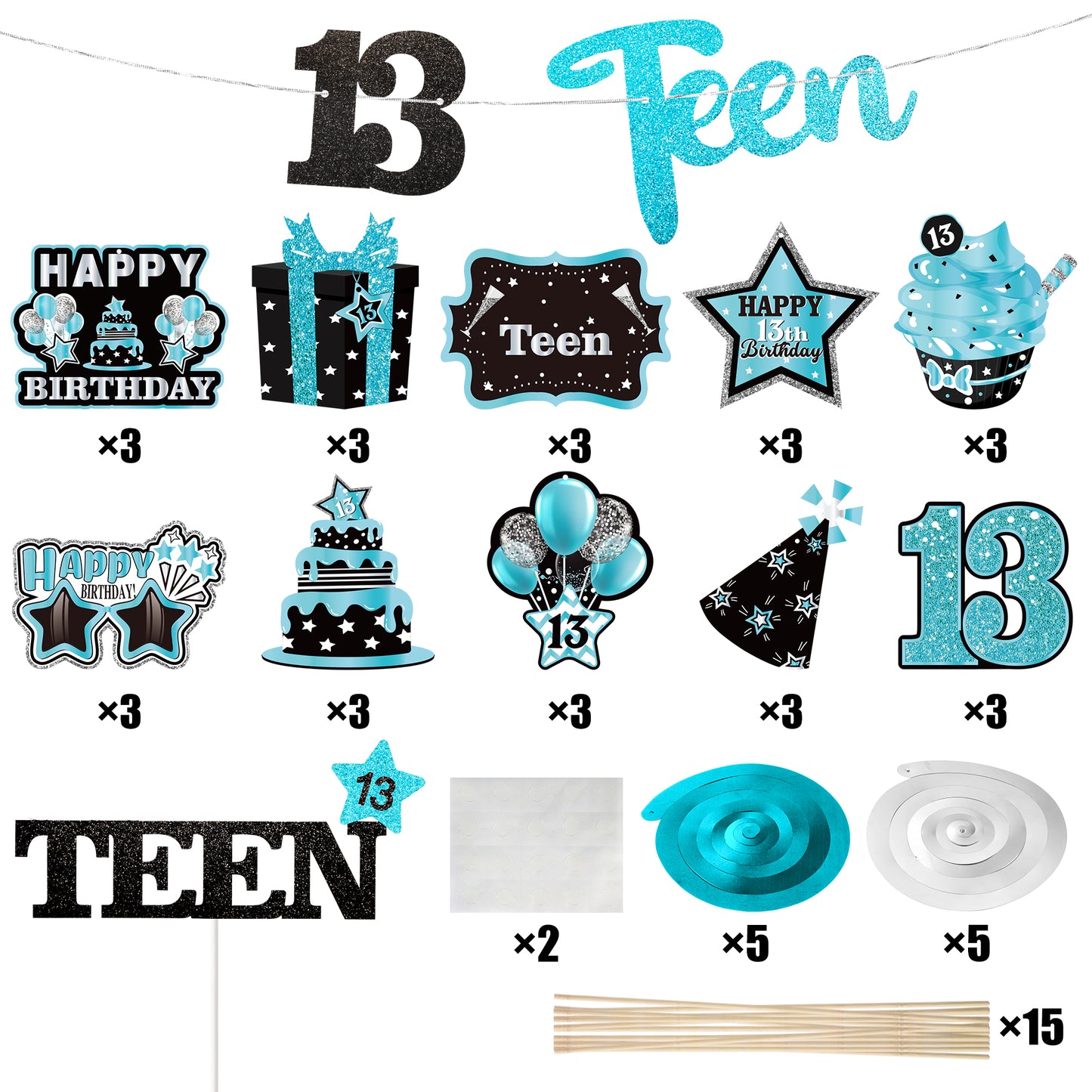 BHronony 13th Birthday Decorations for Boys Girls, 42pcs Happy 13 Years Old Birthday Cake Topper Hanging Banner Decor, Table Centerpiece for 13 Teen Teenager Bday Party ( Teal Silver Black )