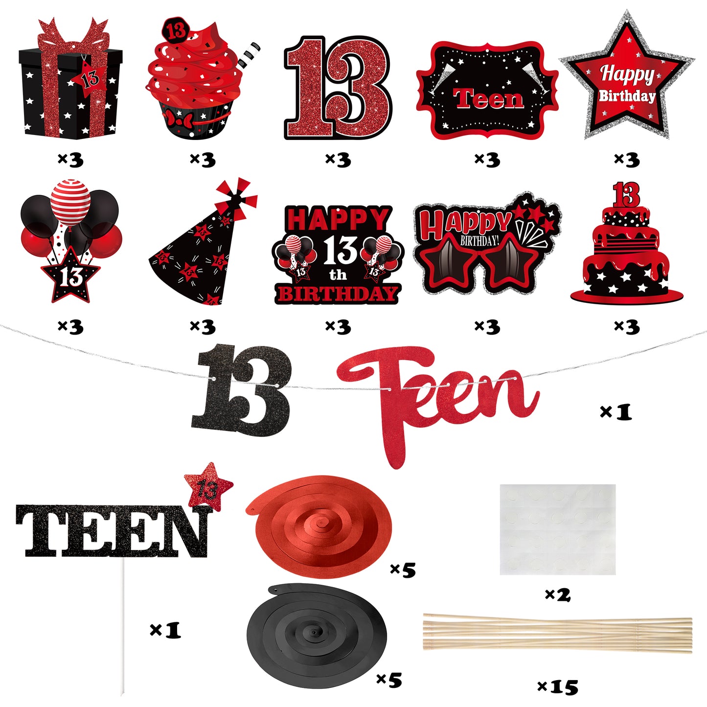 BHronony 13th Birthday Decorations for Boys Girls, 42pcs Happy 13 Years Old Birthday Cake Topper Hanging Banner Decor, Table Centerpiece Decoration for 13 Teen Teenager Bday Party ( Red Black )