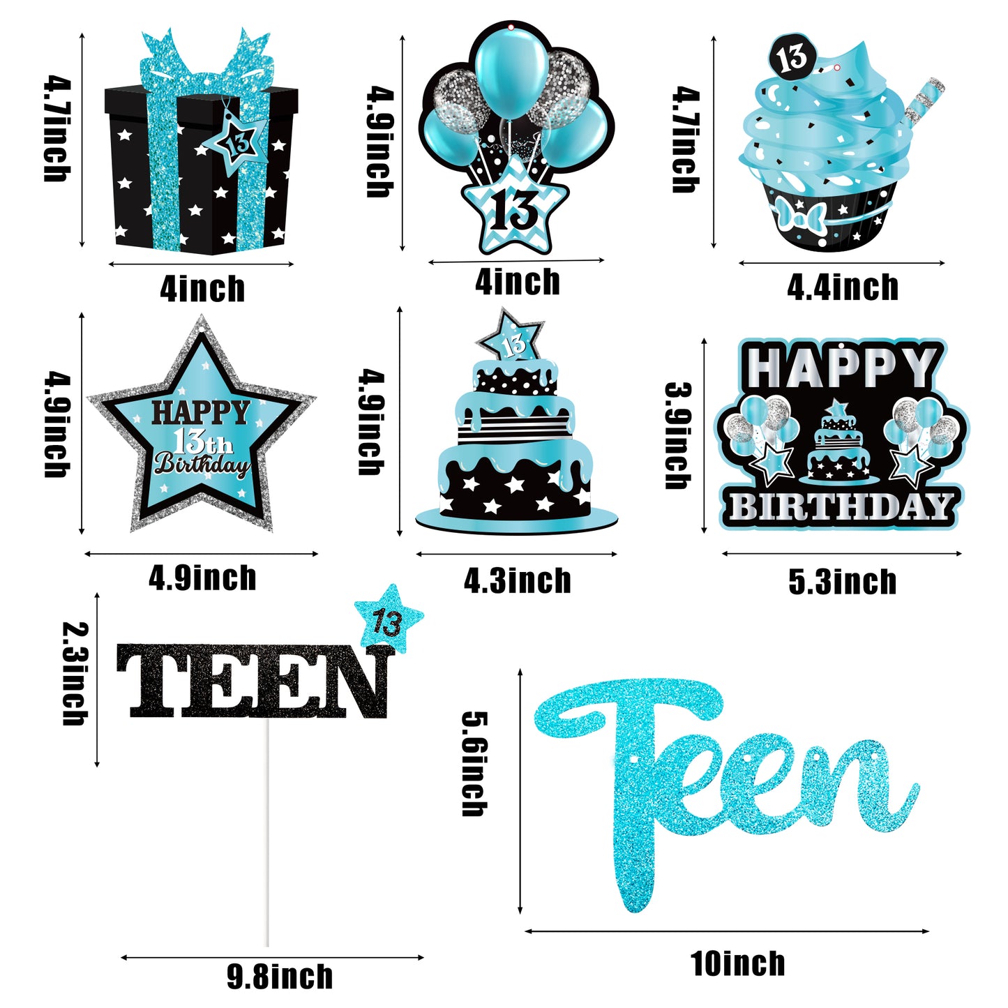 BHronony 13th Birthday Decorations for Boys Girls, 42pcs Happy 13 Years Old Birthday Cake Topper Hanging Banner Decor, Table Centerpiece for 13 Teen Teenager Bday Party ( Teal Silver Black )