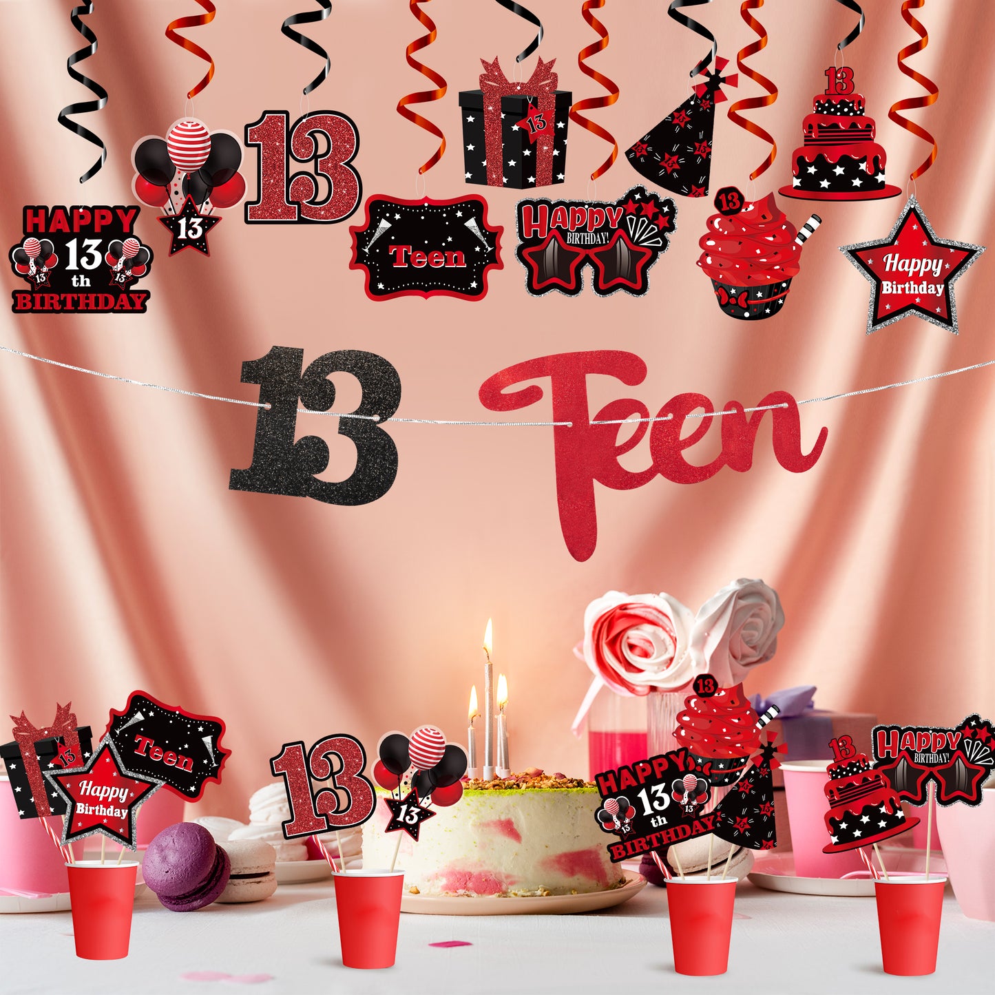 BHronony 13th Birthday Decorations for Boys Girls, 42pcs Happy 13 Years Old Birthday Cake Topper Hanging Banner Decor, Table Centerpiece Decoration for 13 Teen Teenager Bday Party ( Red Black )