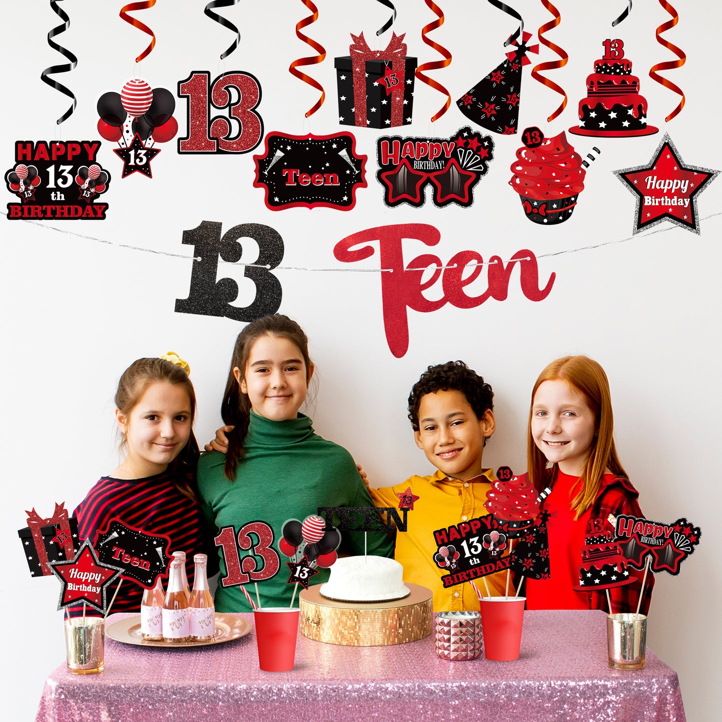 BHronony 13th Birthday Decorations for Boys Girls, 42pcs Happy 13 Years Old Birthday Cake Topper Hanging Banner Decor, Table Centerpiece Decoration for 13 Teen Teenager Bday Party ( Red Black )