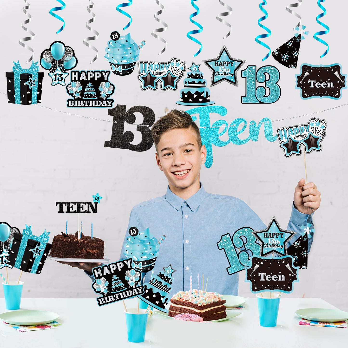 BHronony 13th Birthday Decorations for Boys Girls, 42pcs Happy 13 Years Old Birthday Cake Topper Hanging Banner Decor, Table Centerpiece for 13 Teen Teenager Bday Party ( Teal Silver Black )