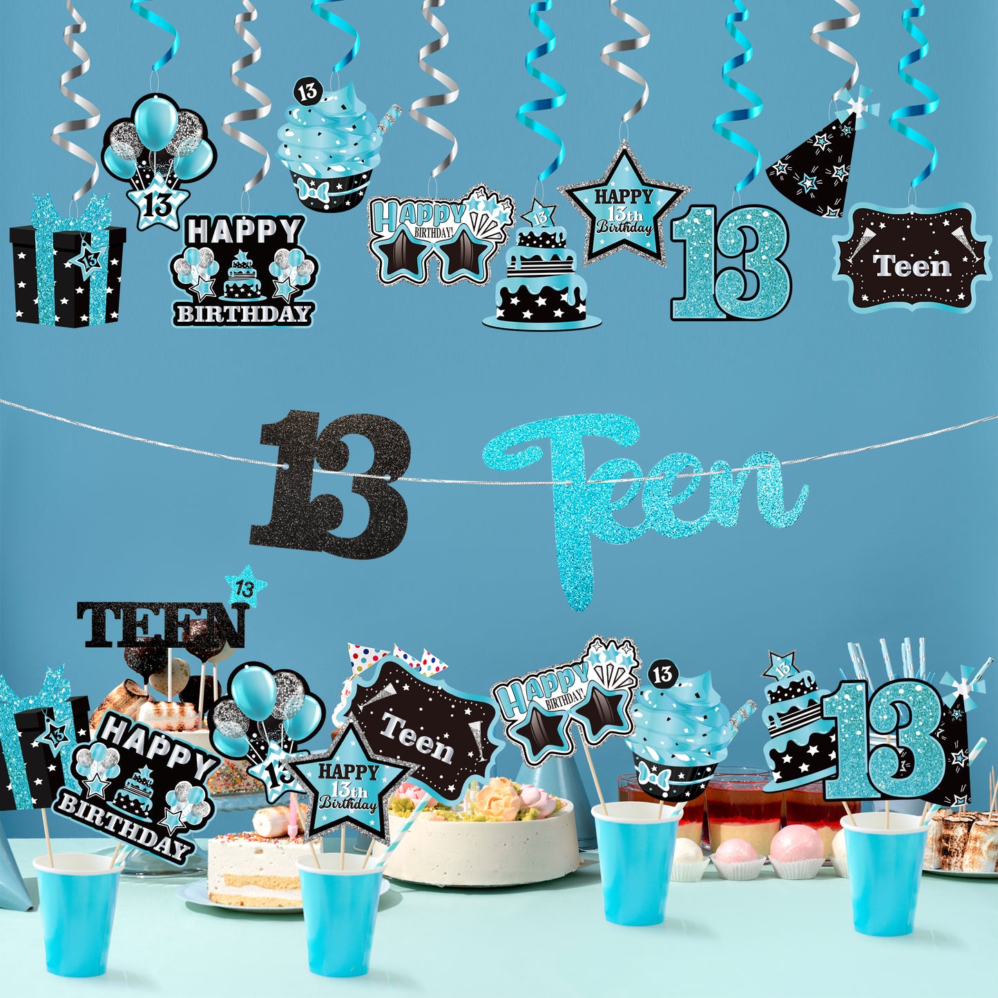 BHronony 13th Birthday Decorations for Boys Girls, 42pcs Happy 13 Years Old Birthday Cake Topper Hanging Banner Decor, Table Centerpiece for 13 Teen Teenager Bday Party ( Teal Silver Black )