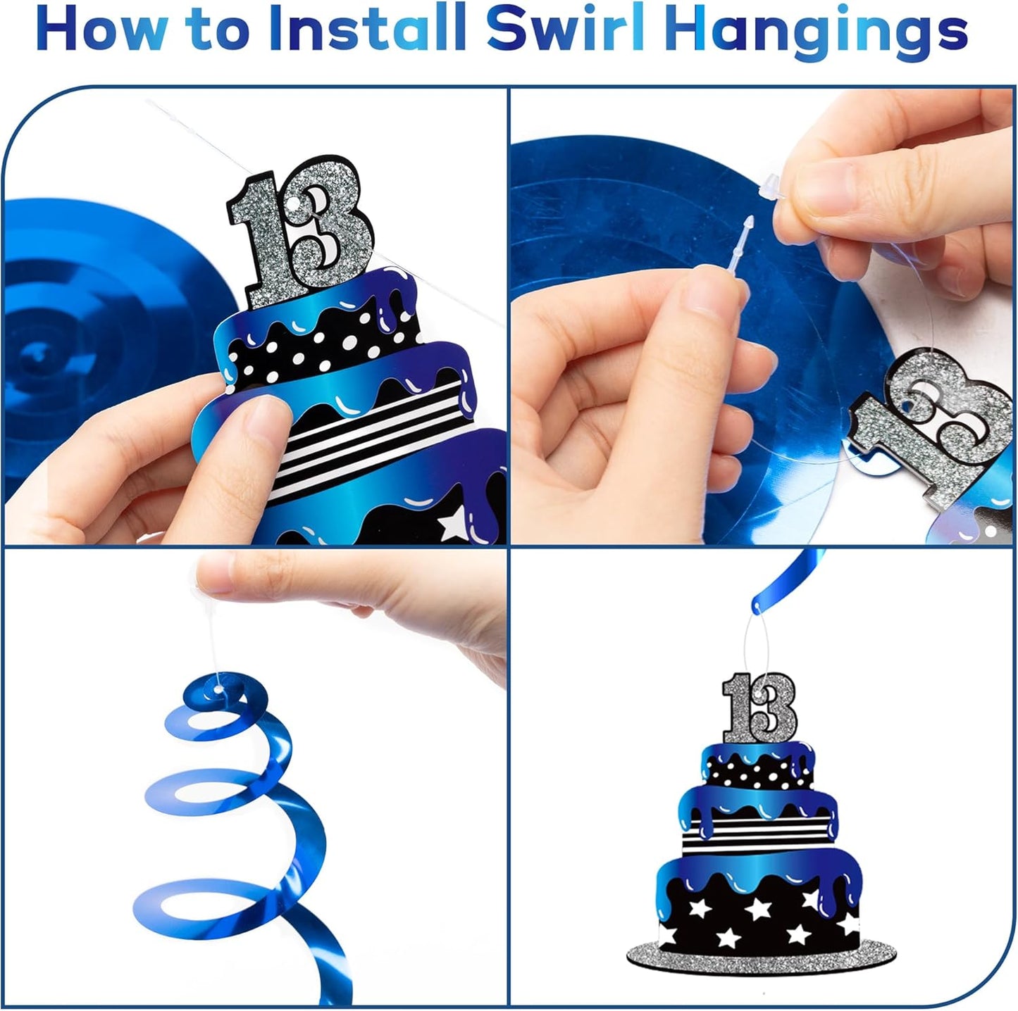 42PCS Happy 13th Birthday Decorations for Boys Girls, Blue Black 13 Year Old Birthday Party Banner Decoration, Teen Bday Glitter Hanging Swirls Cake Topper Centerpieces Photo Backdrop Decor Supplies