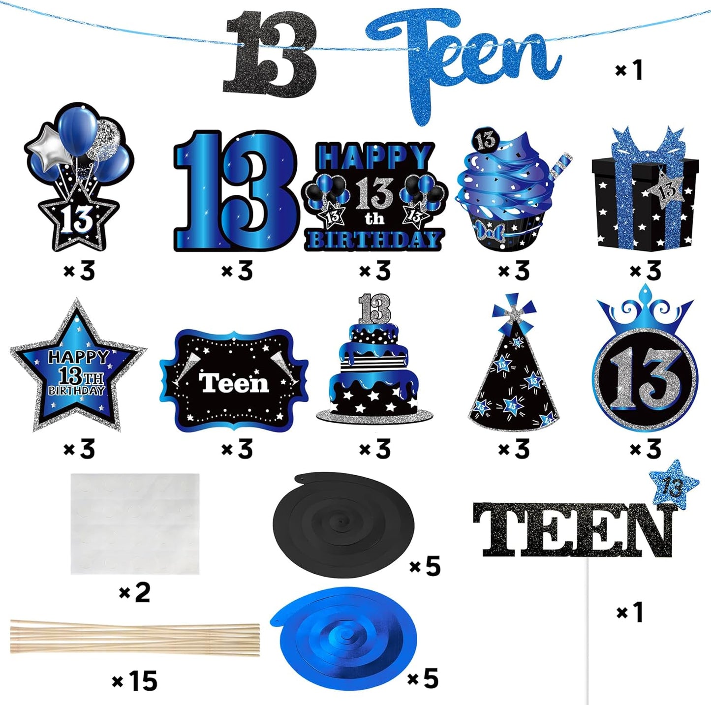 42PCS Happy 13th Birthday Decorations for Boys Girls, Blue Black 13 Year Old Birthday Party Banner Decoration, Teen Bday Glitter Hanging Swirls Cake Topper Centerpieces Photo Backdrop Decor Supplies