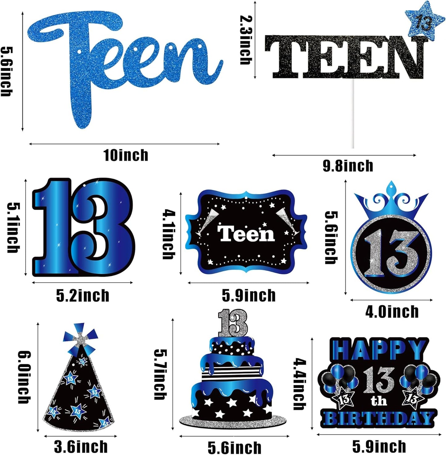 42PCS Happy 13th Birthday Decorations for Boys Girls, Blue Black 13 Year Old Birthday Party Banner Decoration, Teen Bday Glitter Hanging Swirls Cake Topper Centerpieces Photo Backdrop Decor Supplies